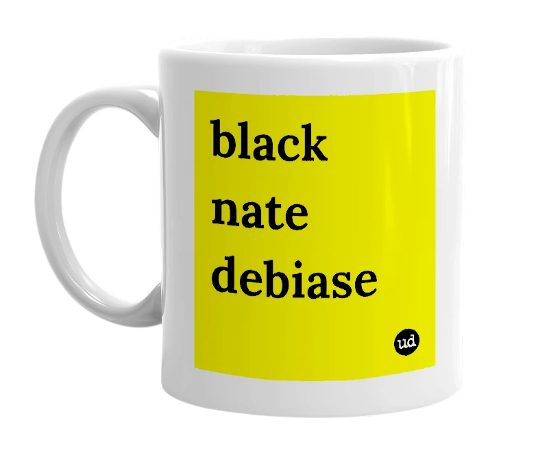 White mug with 'black nate debiase' in bold black letters