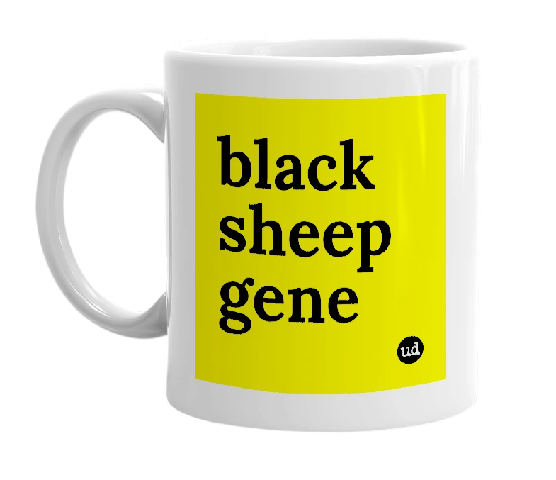 White mug with 'black sheep gene' in bold black letters