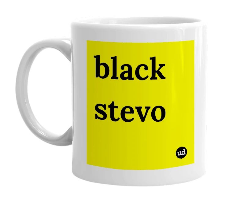 White mug with 'black stevo' in bold black letters
