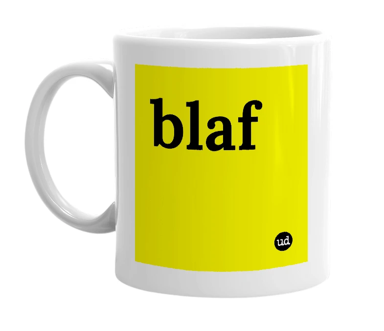 White mug with 'blaf' in bold black letters