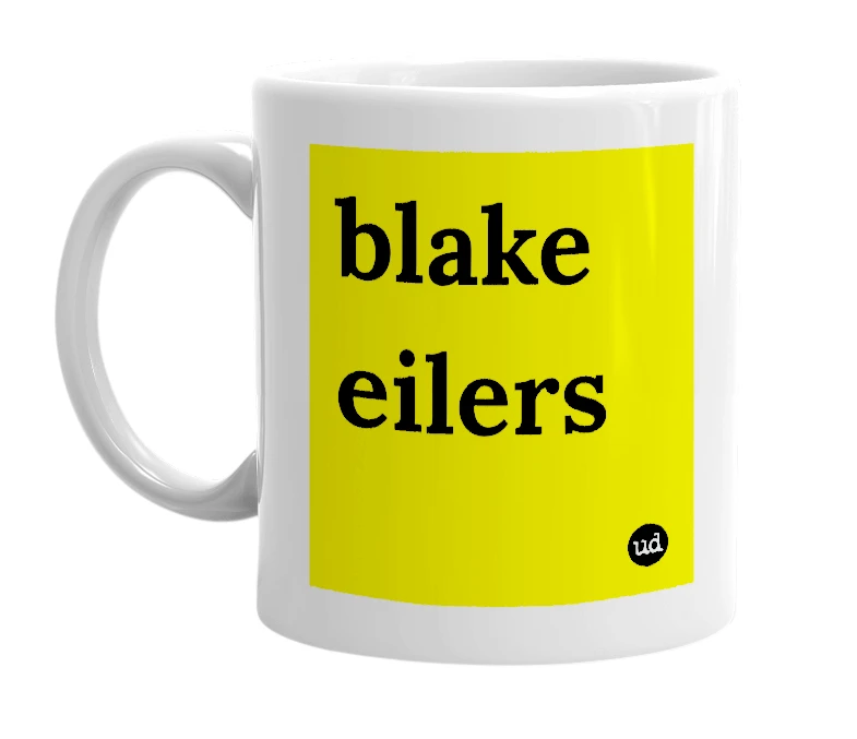 White mug with 'blake eilers' in bold black letters