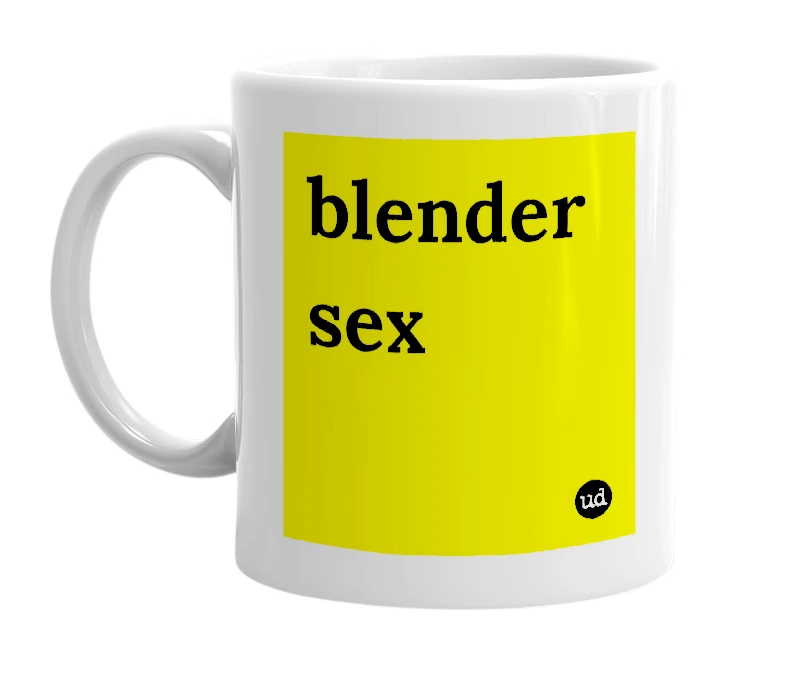 White mug with 'blender sex' in bold black letters