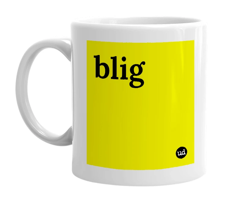 White mug with 'blig' in bold black letters