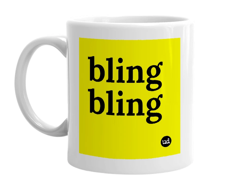 White mug with 'bling bling' in bold black letters