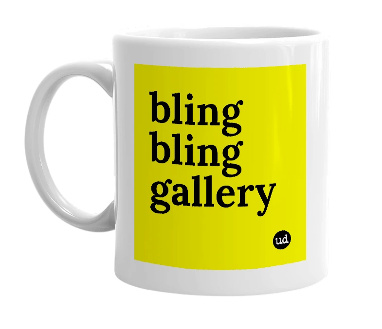 White mug with 'bling bling gallery' in bold black letters