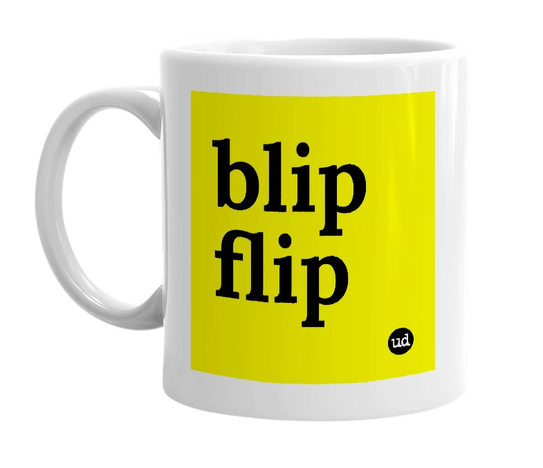 White mug with 'blip flip' in bold black letters