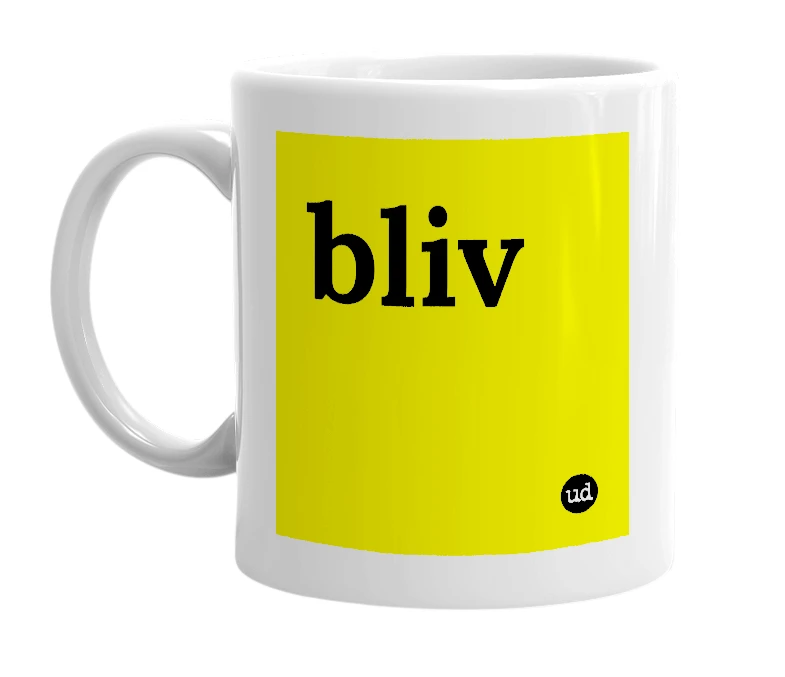 White mug with 'bliv' in bold black letters