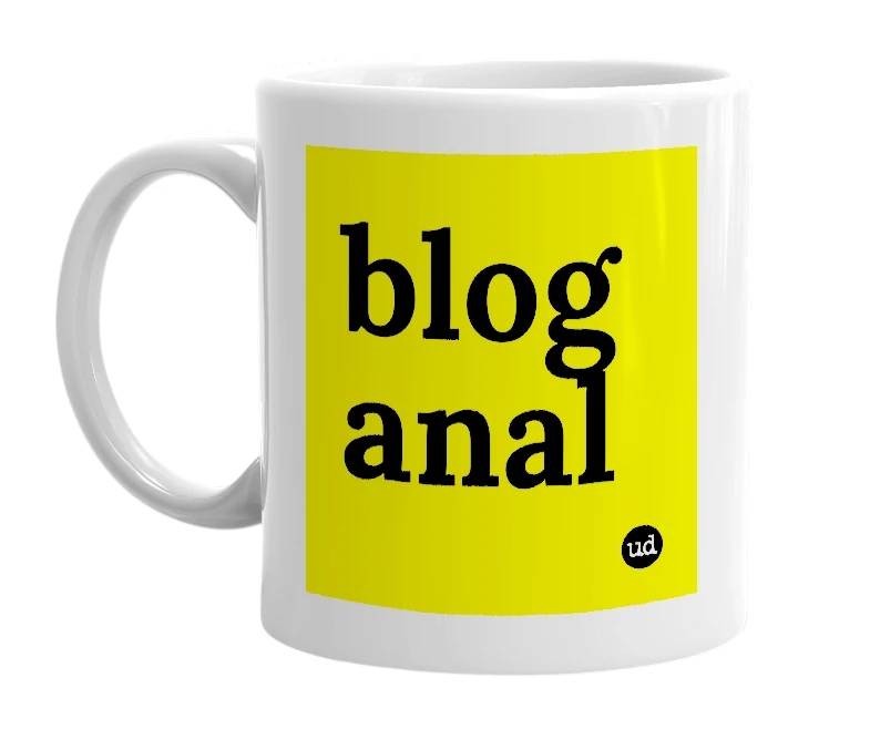 White mug with 'blog anal' in bold black letters