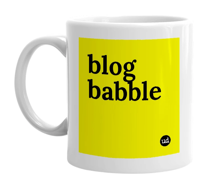 White mug with 'blog babble' in bold black letters