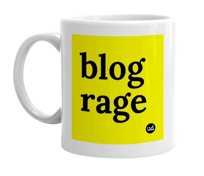 White mug with 'blog rage' in bold black letters