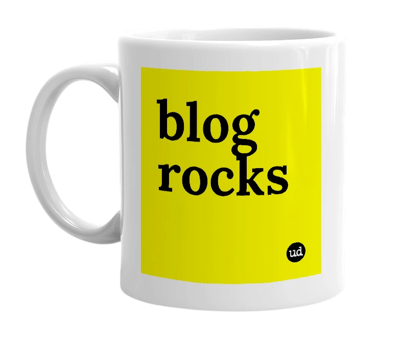 White mug with 'blog rocks' in bold black letters