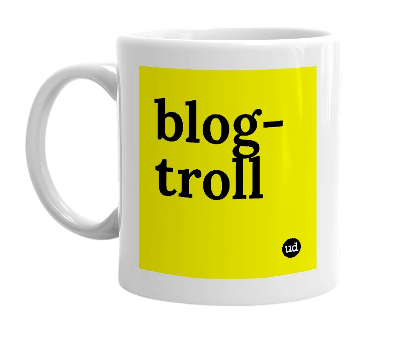 White mug with 'blog-troll' in bold black letters