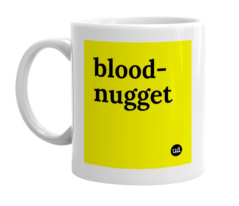 White mug with 'blood-nugget' in bold black letters