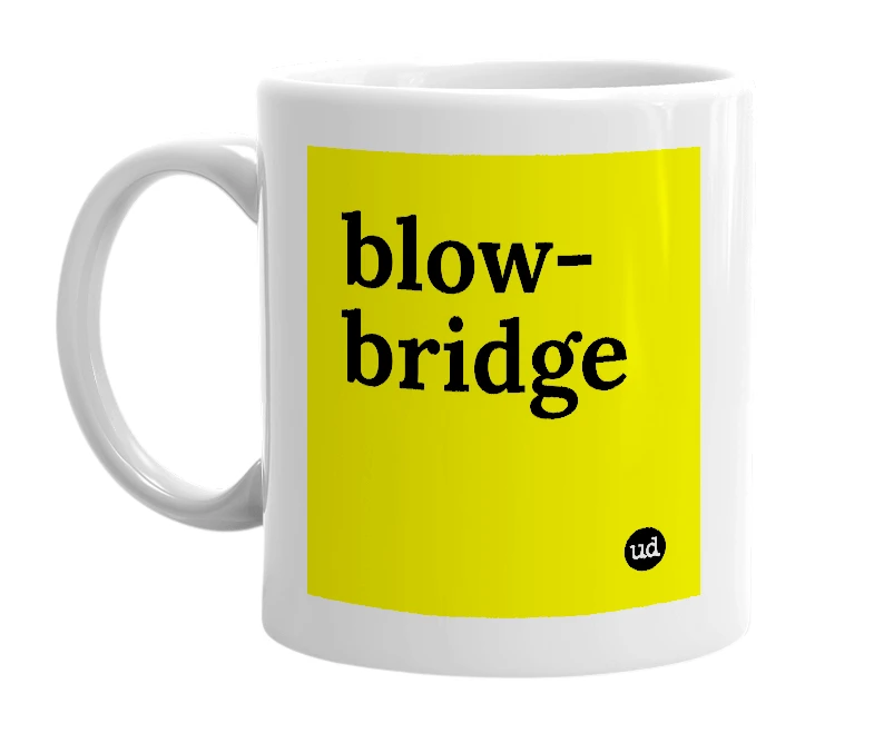 White mug with 'blow-bridge' in bold black letters