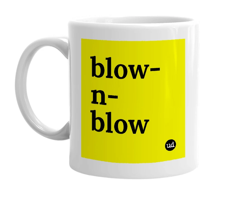 White mug with 'blow-n-blow' in bold black letters