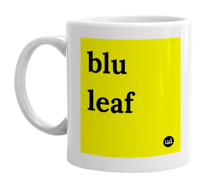 White mug with 'blu leaf' in bold black letters