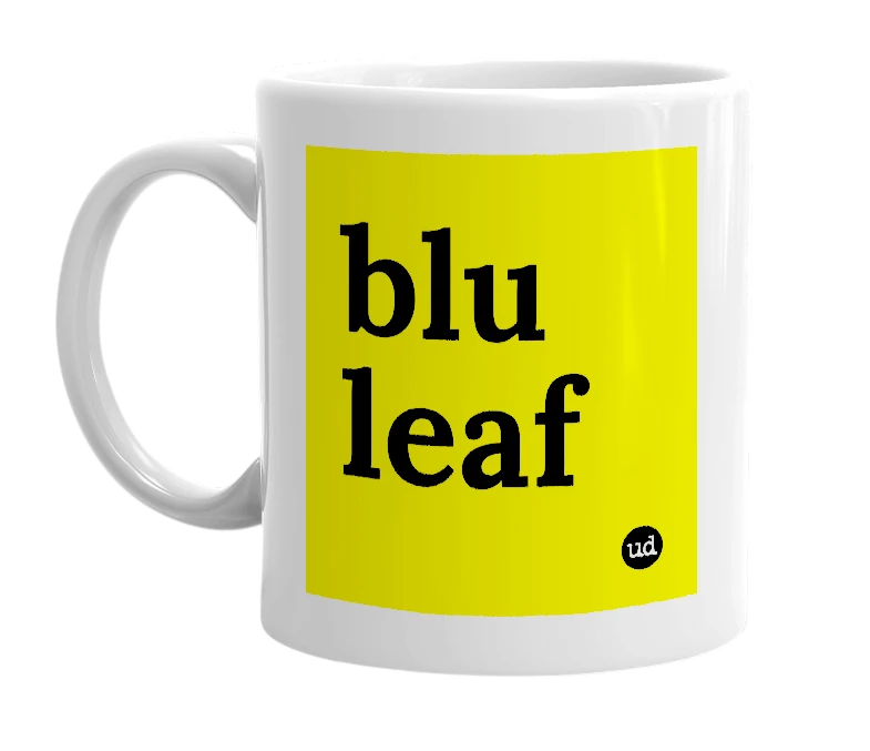 White mug with 'blu leaf' in bold black letters