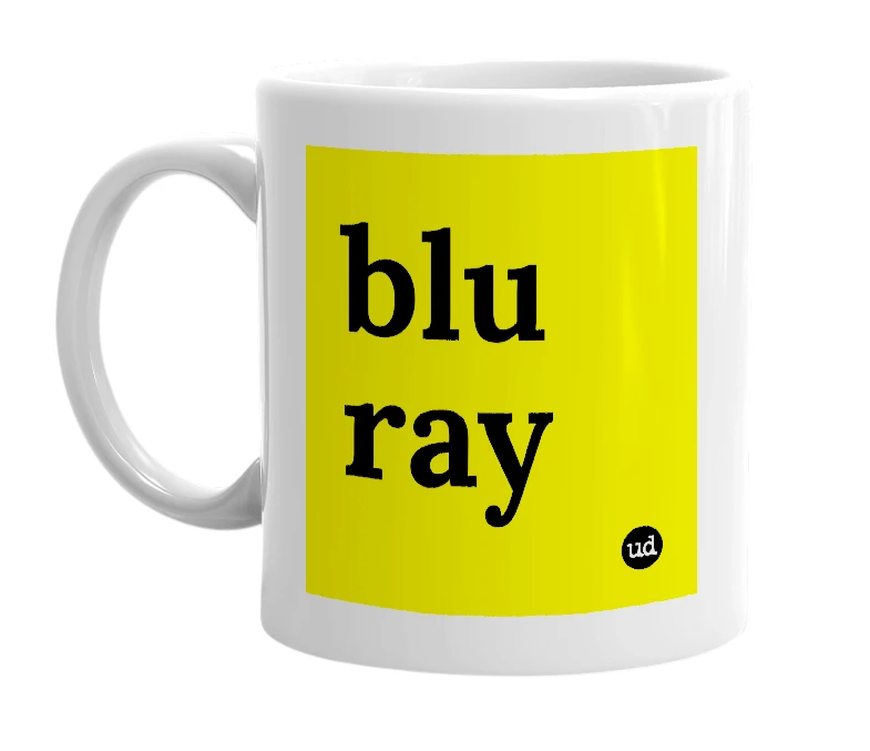 White mug with 'blu ray' in bold black letters