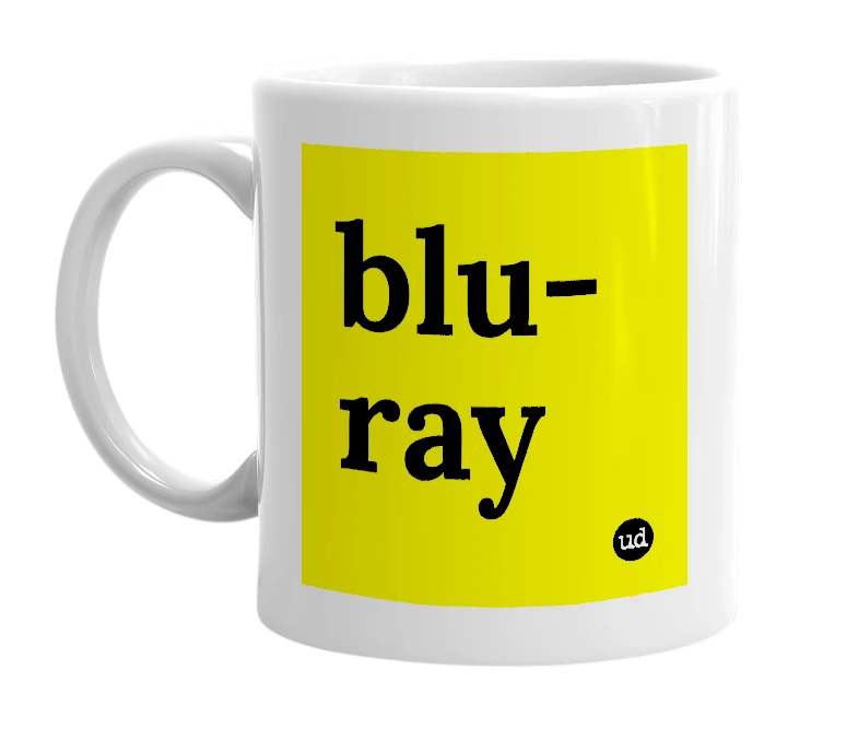 White mug with 'blu-ray' in bold black letters