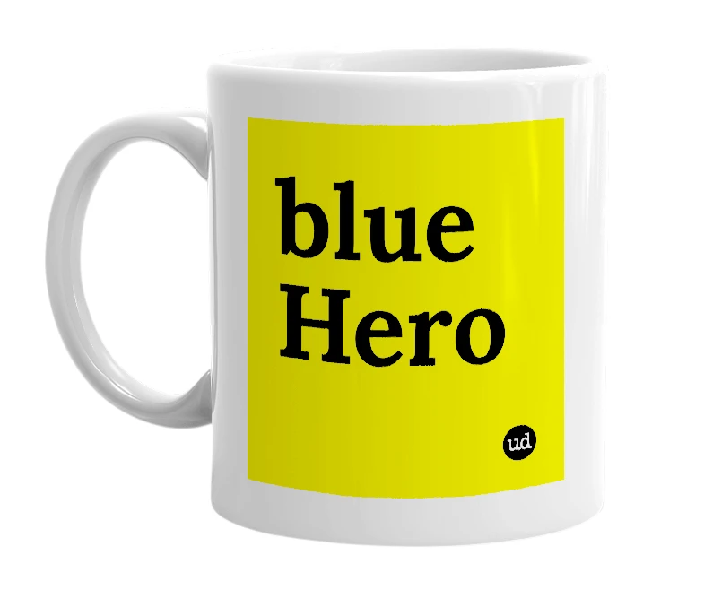 White mug with 'blue Hero' in bold black letters