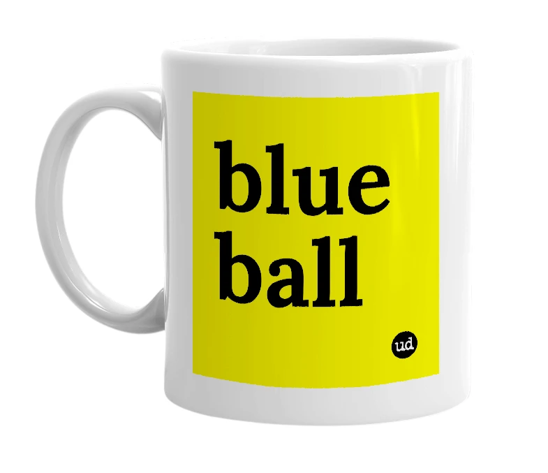 White mug with 'blue ball' in bold black letters