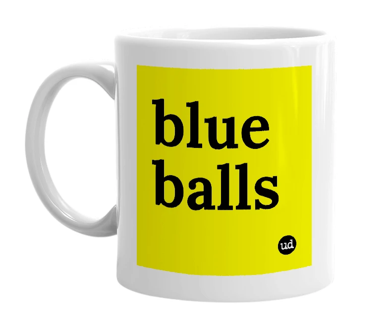 White mug with 'blue balls' in bold black letters