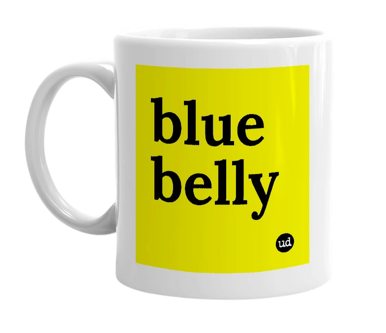 White mug with 'blue belly' in bold black letters