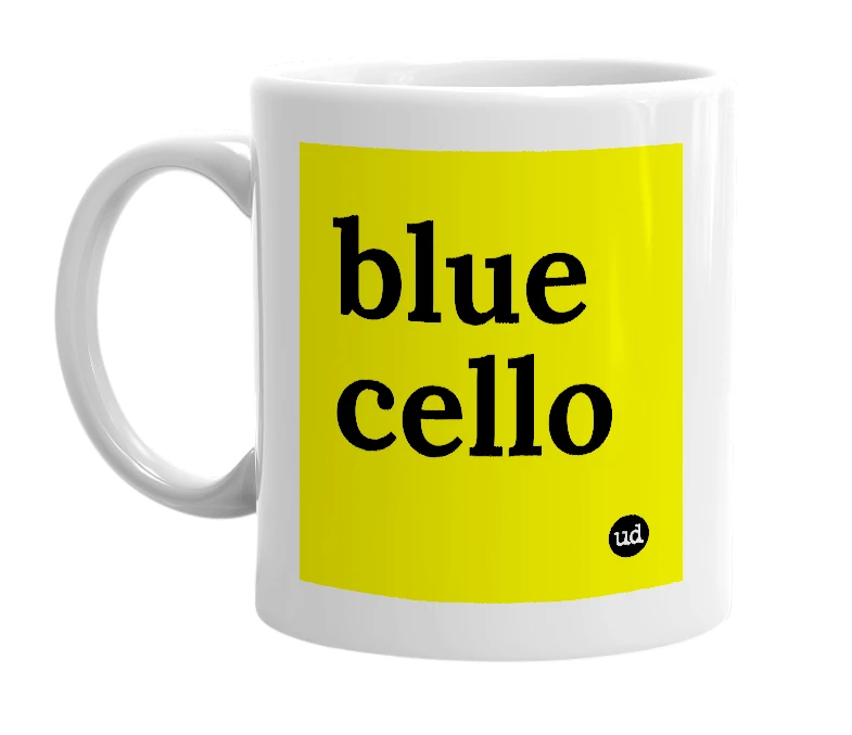 White mug with 'blue cello' in bold black letters