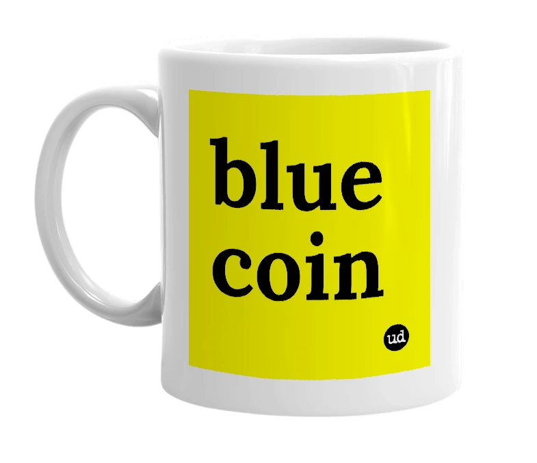 White mug with 'blue coin' in bold black letters