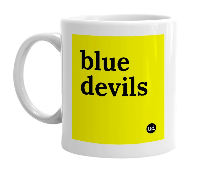 White mug with 'blue devils' in bold black letters