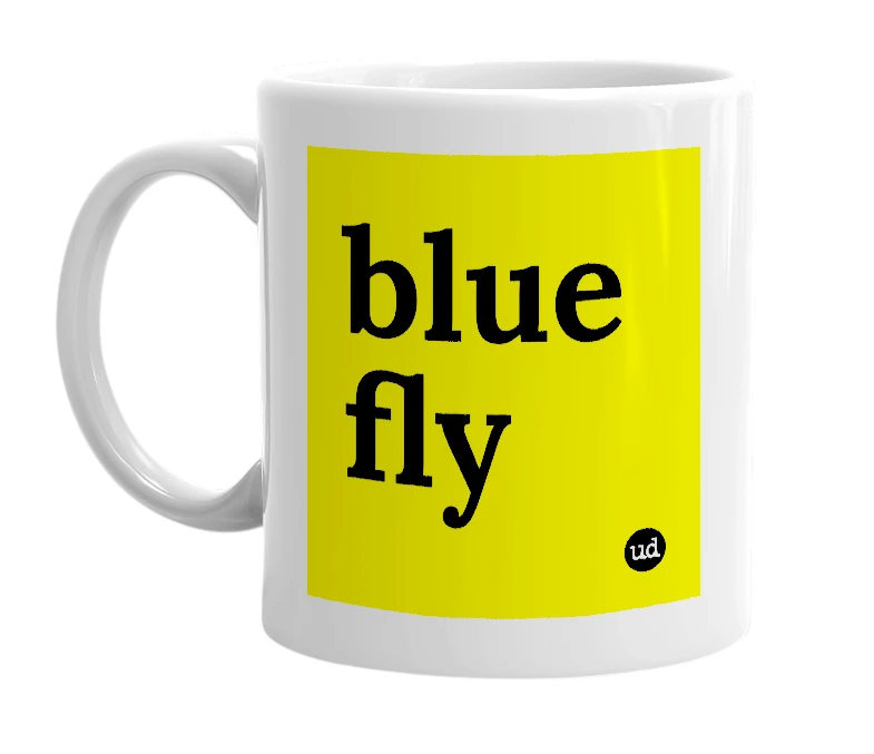 White mug with 'blue fly' in bold black letters