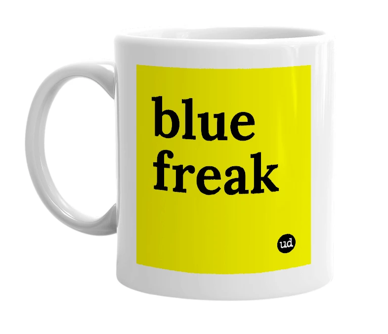White mug with 'blue freak' in bold black letters