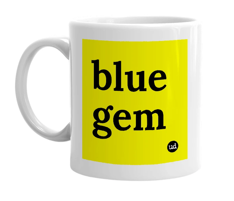 White mug with 'blue gem' in bold black letters