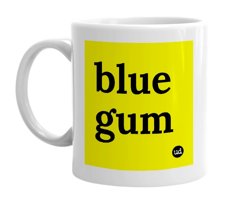 White mug with 'blue gum' in bold black letters