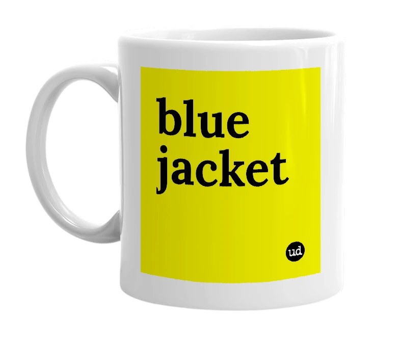 White mug with 'blue jacket' in bold black letters