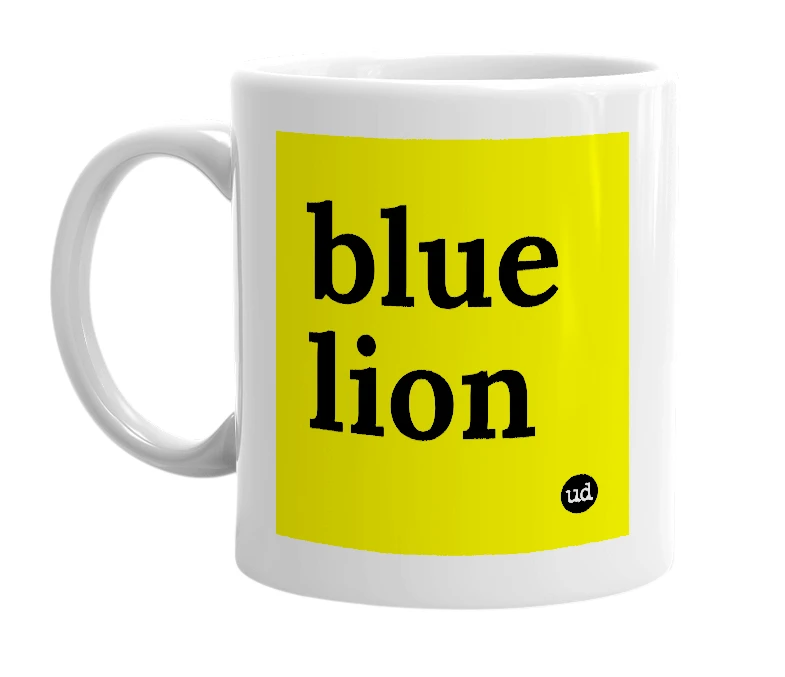 White mug with 'blue lion' in bold black letters