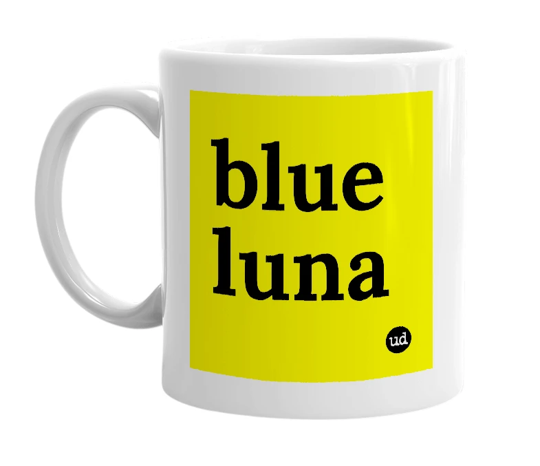 White mug with 'blue luna' in bold black letters