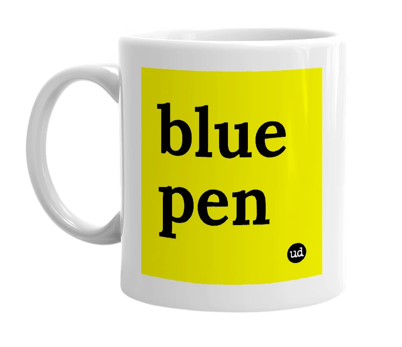 White mug with 'blue pen' in bold black letters