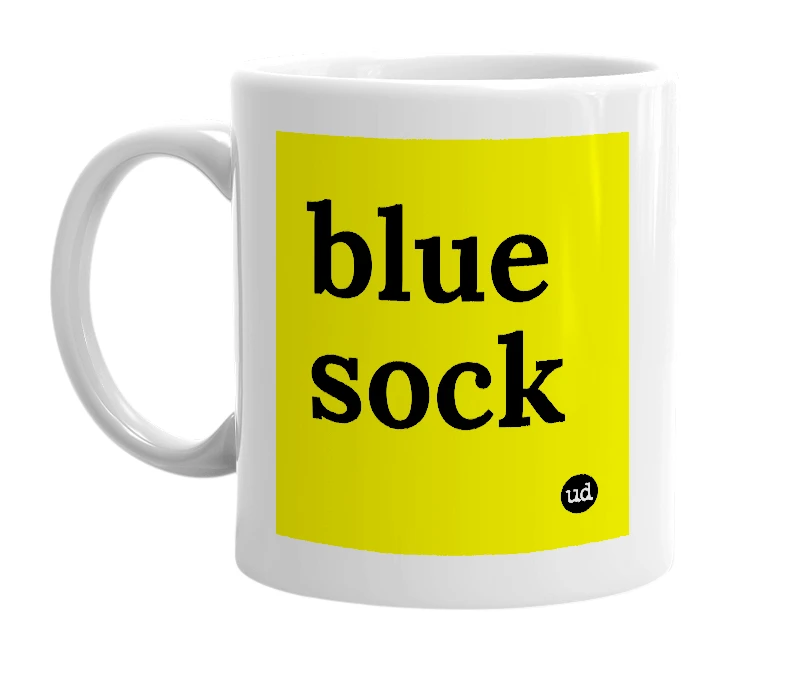 White mug with 'blue sock' in bold black letters