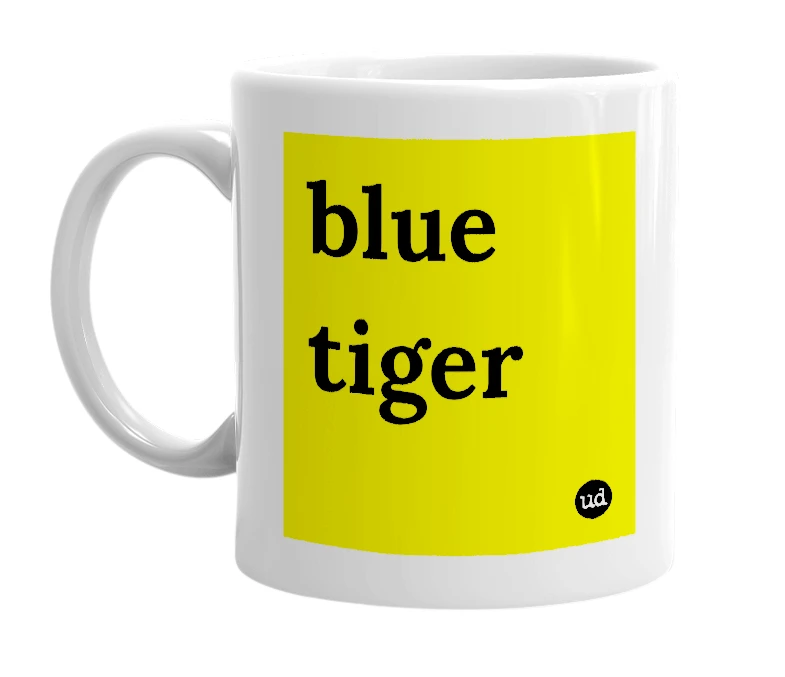 White mug with 'blue tiger' in bold black letters