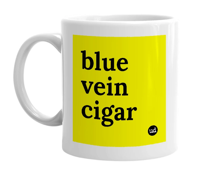 White mug with 'blue vein cigar' in bold black letters