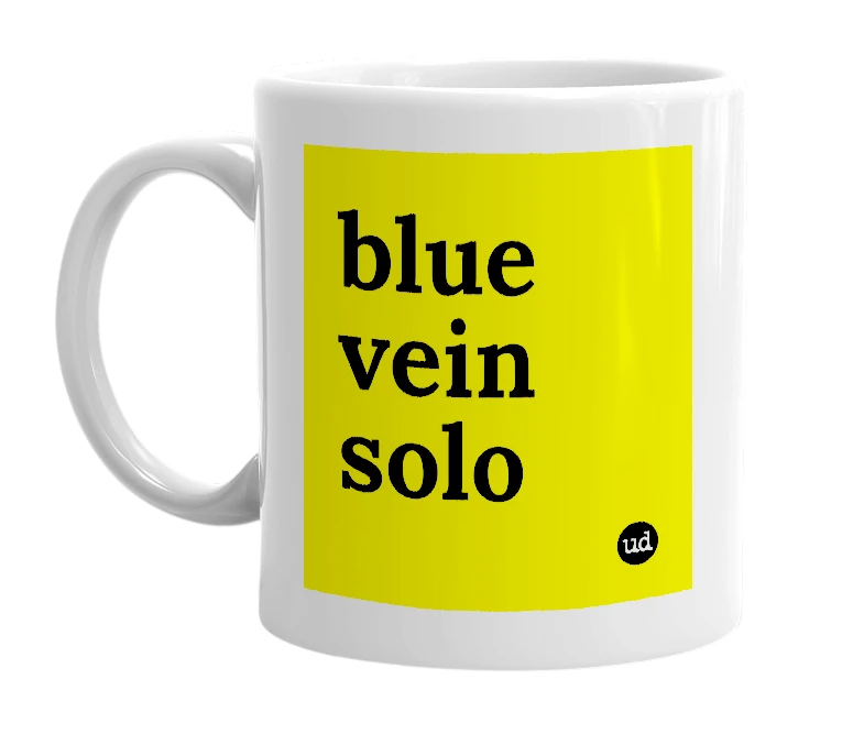 White mug with 'blue vein solo' in bold black letters