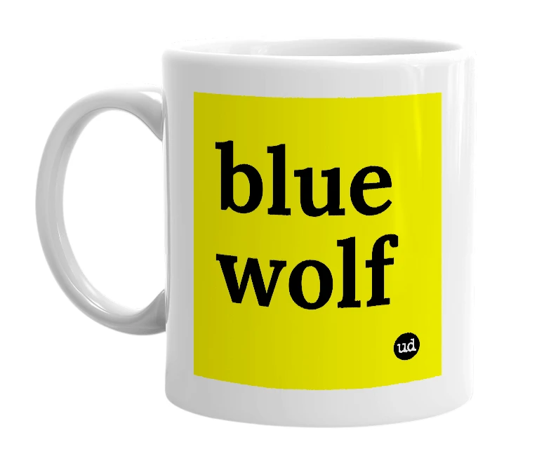 White mug with 'blue wolf' in bold black letters