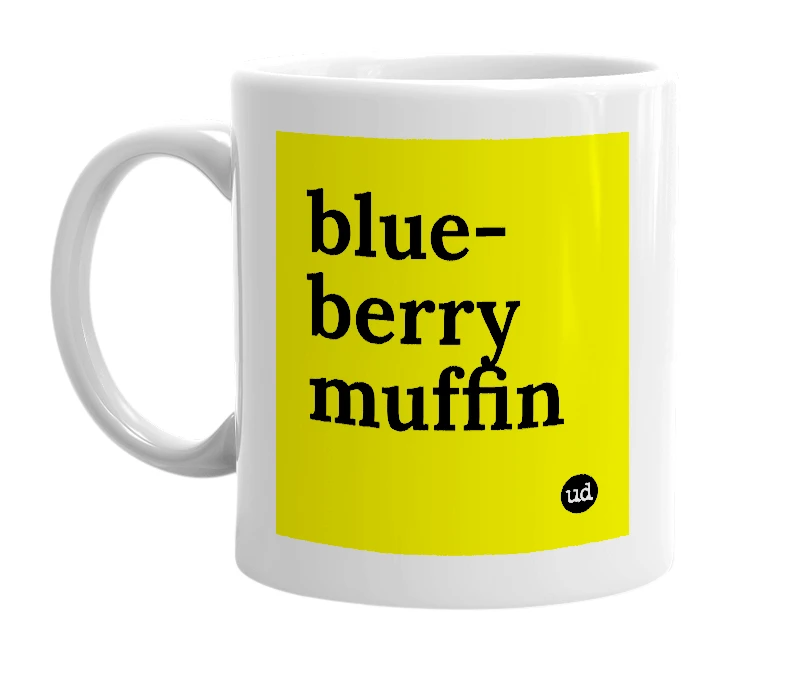 White mug with 'blue-berry muffin' in bold black letters