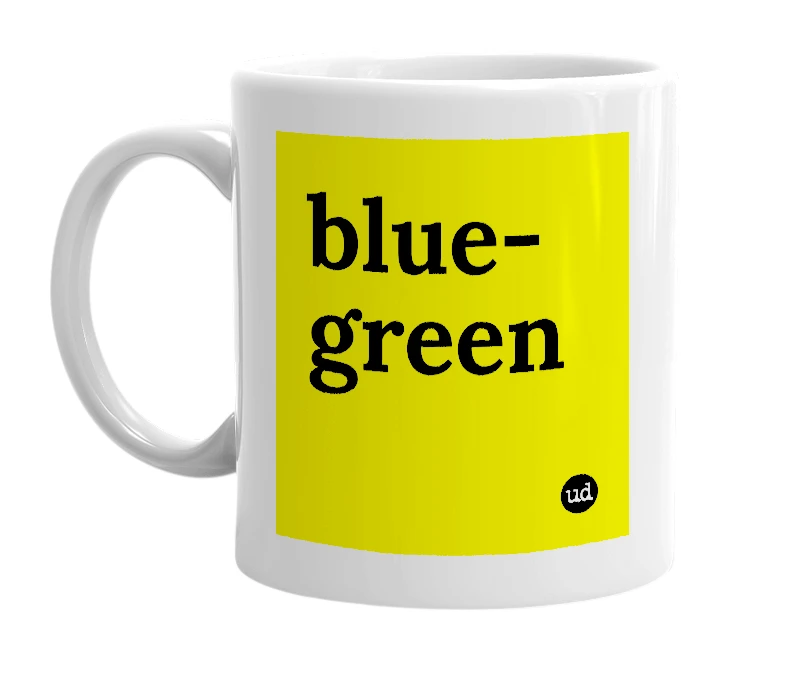 White mug with 'blue-green' in bold black letters