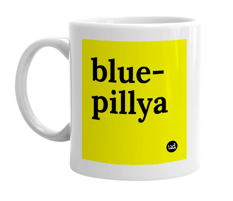 White mug with 'blue-pillya' in bold black letters