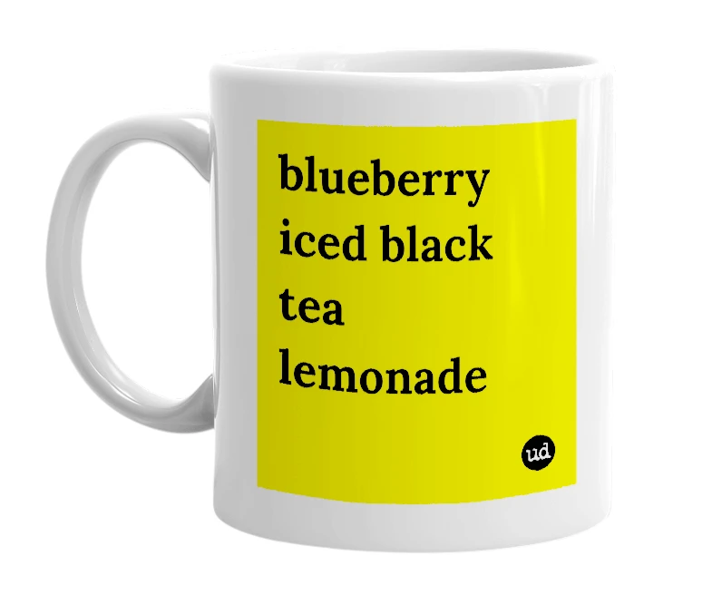 White mug with 'blueberry iced black tea lemonade' in bold black letters