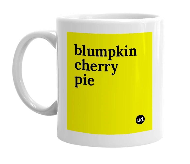 White mug with 'blumpkin cherry pie' in bold black letters