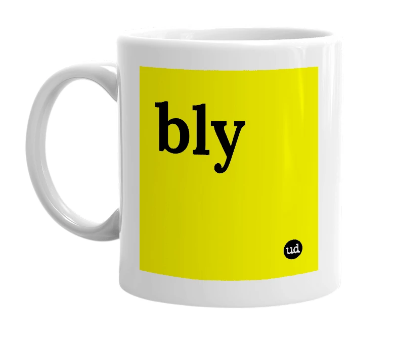 White mug with 'bly' in bold black letters