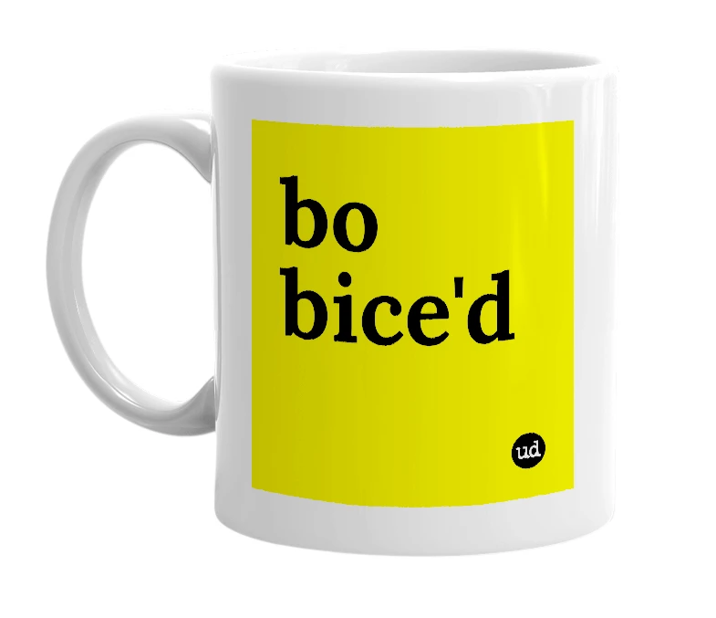 White mug with 'bo bice'd' in bold black letters